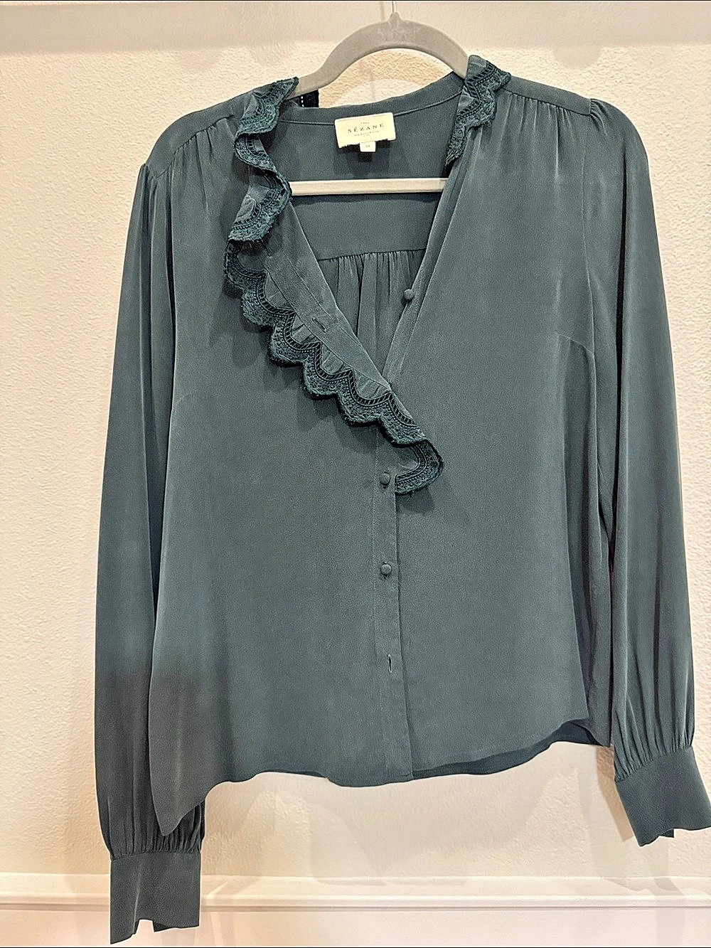 Sézane Chlo Shirt Silk Lace Trim Blouse in Green Size 38 Like New